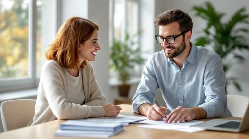 Zwei Personen im Gespräch an einem Tisch mit Unterlagen in einem hellen Büro