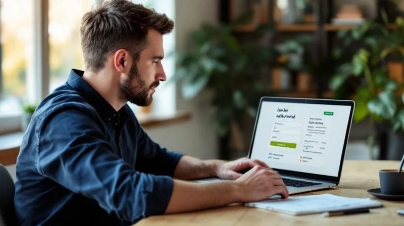 Mann sitzt am Schreibtisch mit Laptop und Notizen in einem hellen Büro in Würzburg