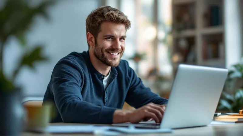 Mann am Laptop in einem hellen Raum lernt für seine Umschulung in Würzburg