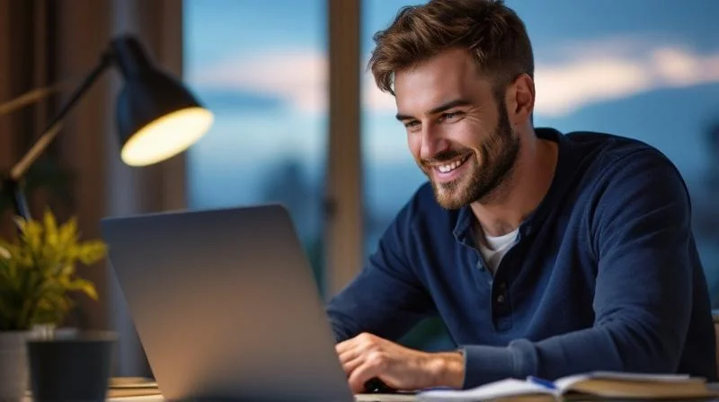 Mann arbeitet konzentriert am Laptop in einem modernen Homeoffice in Würzburg